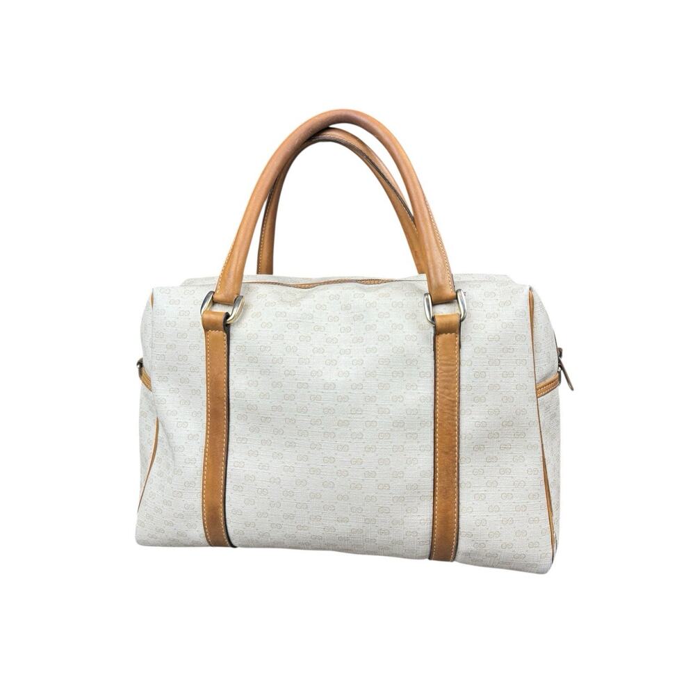 GUCCI Vintage Micro GG Off White Canvas Leather Trim Boston Bag